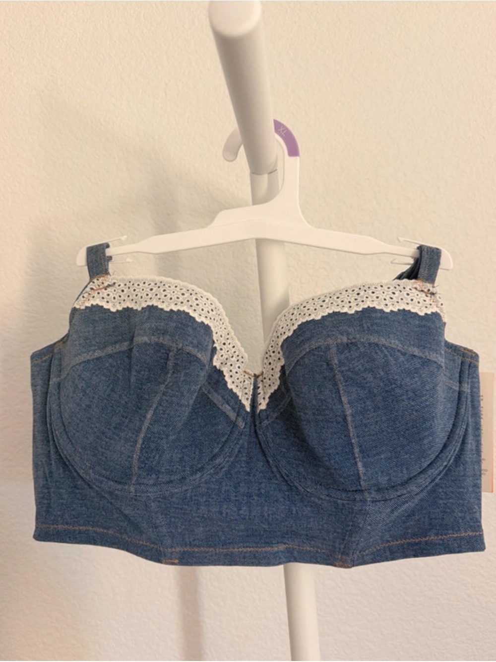 Target Denim-Look Bustier Bra with White Lace Trim